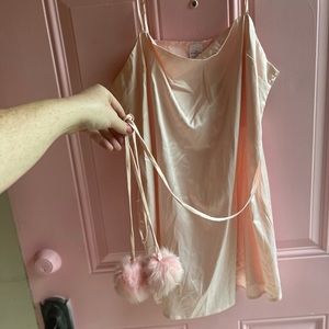 Satin pink nightgown with satin tie pink pom poms